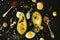 Homemade appetizer - baked avocado with quail eggs, black salt