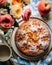 Homemade apple cake with powdered sugar and flowers, glamour shot. Generative AI