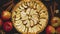 Homemade apple pie on dark rustic background, top view. Classic autumn dessert