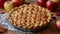 A homemade apple pie, golden-brown crust, filled with cinnamon-spiced apples, a symbol of American comfort.