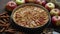 Homemade Apple tart pie with fresh fruits and cinnamon sticks on rusty background