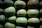 Homemade apples of different sizes perfectly stacked in a crate. Apples in a crate in a storeroom in a dark room to keep them