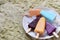 Homemade assorted flavors and colors of frozen yogurt or icecream popsicles from fruits. Summer ice dessert. Healthy food. Copy s