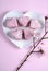 Homemade Australian style pink heart shape small lamington cake on heart shape white plate - vertical.