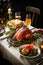 Homemade baked duck on the New Year\\\'s Christmas table. Christmas dinner, dish.