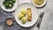 Homemade baked salmon served with popatoes, broccoli and sauerkraut