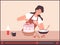 Homemade bakery. Food blogger, girl bake cake online. Culinary live stream, happy woman decoration dessert vector