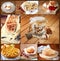 Homemade baking collage with cookies, fresh bread, apple pie and muffins