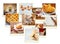 Homemade baking collage with cookies, fresh bread, apple pie and muffins over wooden background