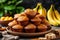 Homemade banana muffins on blurred background with copy space, a delightful dessert concept
