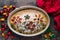 Homemade, beautiful and delicious, italian focaccia in round baking bowl. Decoration that looks like flowers in garden is made of