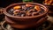 Homemade beef stew in a clay bowl, a gourmet meal generated by AI