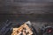 Homemade belgian waffles with blueberries on the dark wooden table with copy space