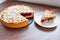 Homemade berry pie. round shapes. Closeup homemade berry pie with meringue on white wooden table. Top view