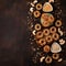 Homemade birdseed dumplings, winter food for birds, dark wooden background, top view