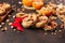 Homemade birdseed dumplings, winter food for birds, dark wooden background, top view