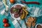 Homemade blood sausage with offal on a turquoise wooden background. top view. Close-up