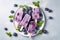 Homemade blueberry yogurt popsicles on a plate with ice and fresh berries, generative AI