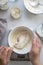 Homemade breadmaking with sourdough using wild yeast, busy lifestyle scene of baking at home, top view. Sustainable living