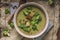 Homemade broccoli soup, fresh vegetable in and crispy croutons