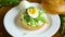 Homemade bun with cheese spread, fresh arugula and boiled egg in a plate