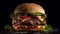 homemade burger with beef, tomato, onion and lettuce on wooden background.