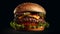 homemade burger with beef, tomato, onion and lettuce on wooden background.