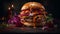 homemade burger with beef, tomato, onion and lettuce on wooden background.