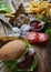 Homemade burger, fried potatoes, french fries,fast food set