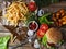 Homemade burger, fried potatoes, french fries,fast food set