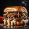 Homemade burger with mushrooms, onions and cheese on a black background