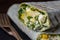 Homemade burrito wraps with boiled eggs, potato, green wild garlic and sour cream for healthy breakfast , closeup