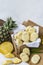 Homemade butter cookies with pineapple jam inside, Photographed with natural light. Selective Focus. White textured background