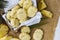 Homemade butter cookies with pineapple jam inside, Photographed with natural light. Selective Focus. White textured background