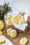 Homemade butter cookies with pineapple jam inside, Photographed with natural light. Selective Focus. White textured background