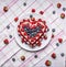 Homemade cake In the form of heart with blueberries and strawberries On a white plate a background of a striped pink napkins w