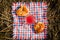 Homemade cakes with a apricot on a background of rustic straw.