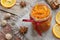 Homemade candied peels orange jam in glass jar