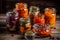 Homemade canned vegetables in glass jars, preparation of pickled products for the winter, AI Generated