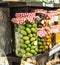 Homemade canning olive berries. Whole green olives in the glass can on the shelves