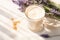 Homemade cappuccino raf coffee with lavender. Close up. Generative AI