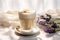 Homemade cappuccino raf coffee with lavender. Close up. Generative AI