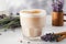 Homemade cappuccino raf coffee with lavender. Close up. Generative AI