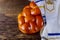 Homemade challah bread with grey background, selective focus