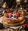 Homemade cheesecake or cottage cheese casserole with berries and icing sugar on rustic wooden table with samovar and teapot,