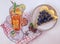 Homemade cheesecake decorated with blueberry over on watercolor drawing background. Top view