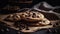 Homemade chocolate chip cookies on rustic wood table, indulgent snack generated by AI