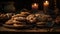 Homemade chocolate chip cookies on rustic wood table, indulgent temptation generated by AI