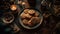 Homemade chocolate chip cookies on rustic wood table, indulgent temptation generated by AI