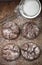 Homemade chocolate cookies with cracks. Biscuits with icing sugar